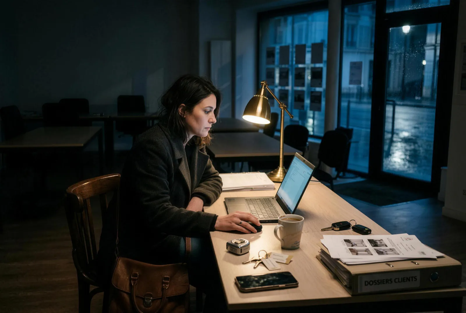 Une professionnelle de l'immobilier seule dans son agence à la nuit tombée, manteau sur les épaules, devant un ordinateur portable, entourée de dossiers, de clés et d'un café froid.