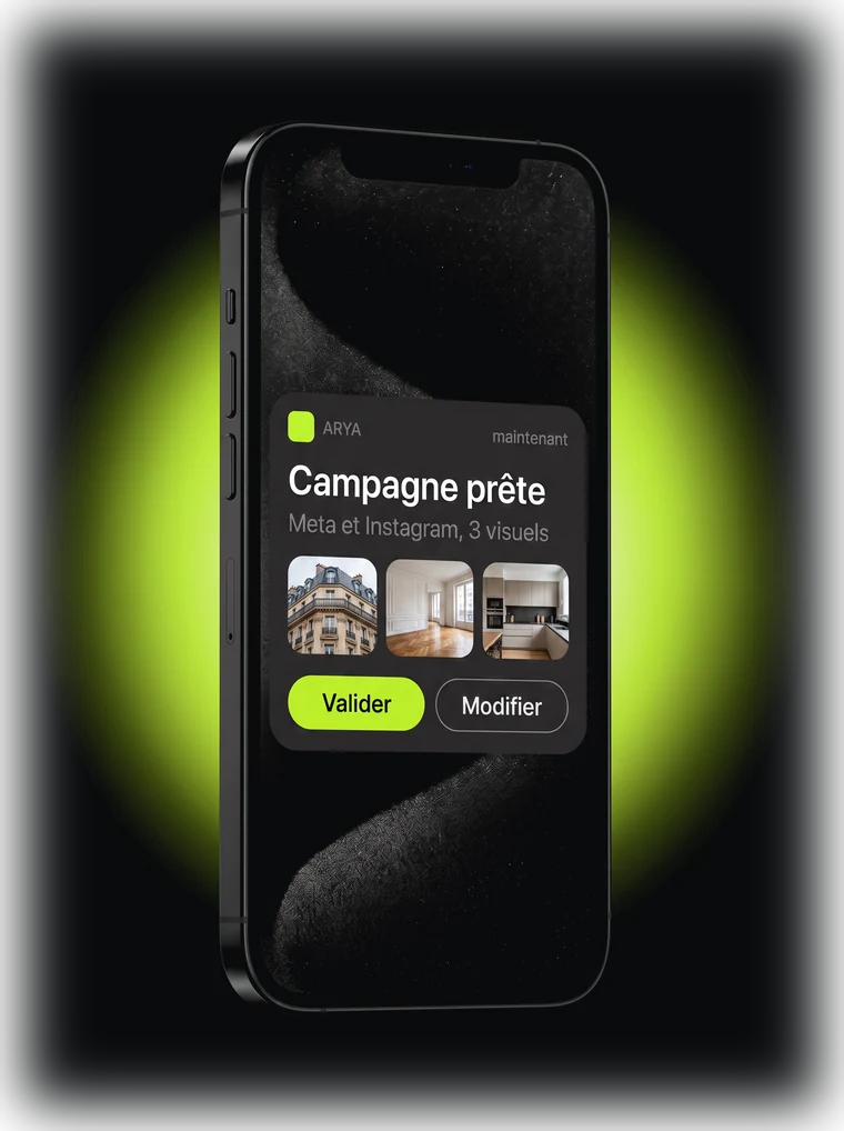 Notification d'Arya sur un téléphone : campagne prête pour Meta et Instagram, avec un bouton Valider et un bouton Modifier.